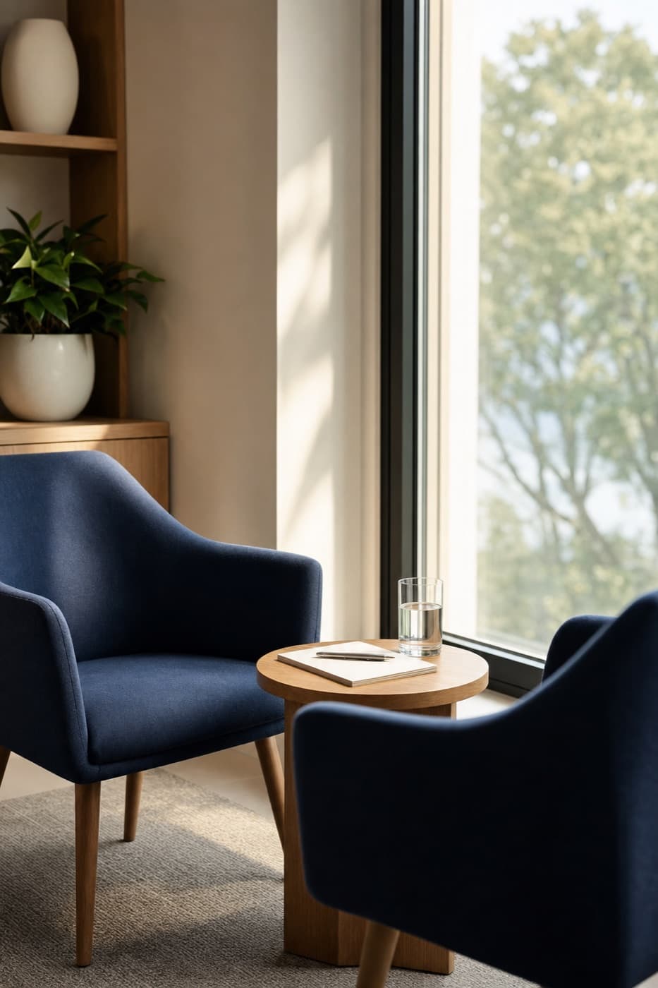 Two armchairs angled toward each other beside a window in a consultation room