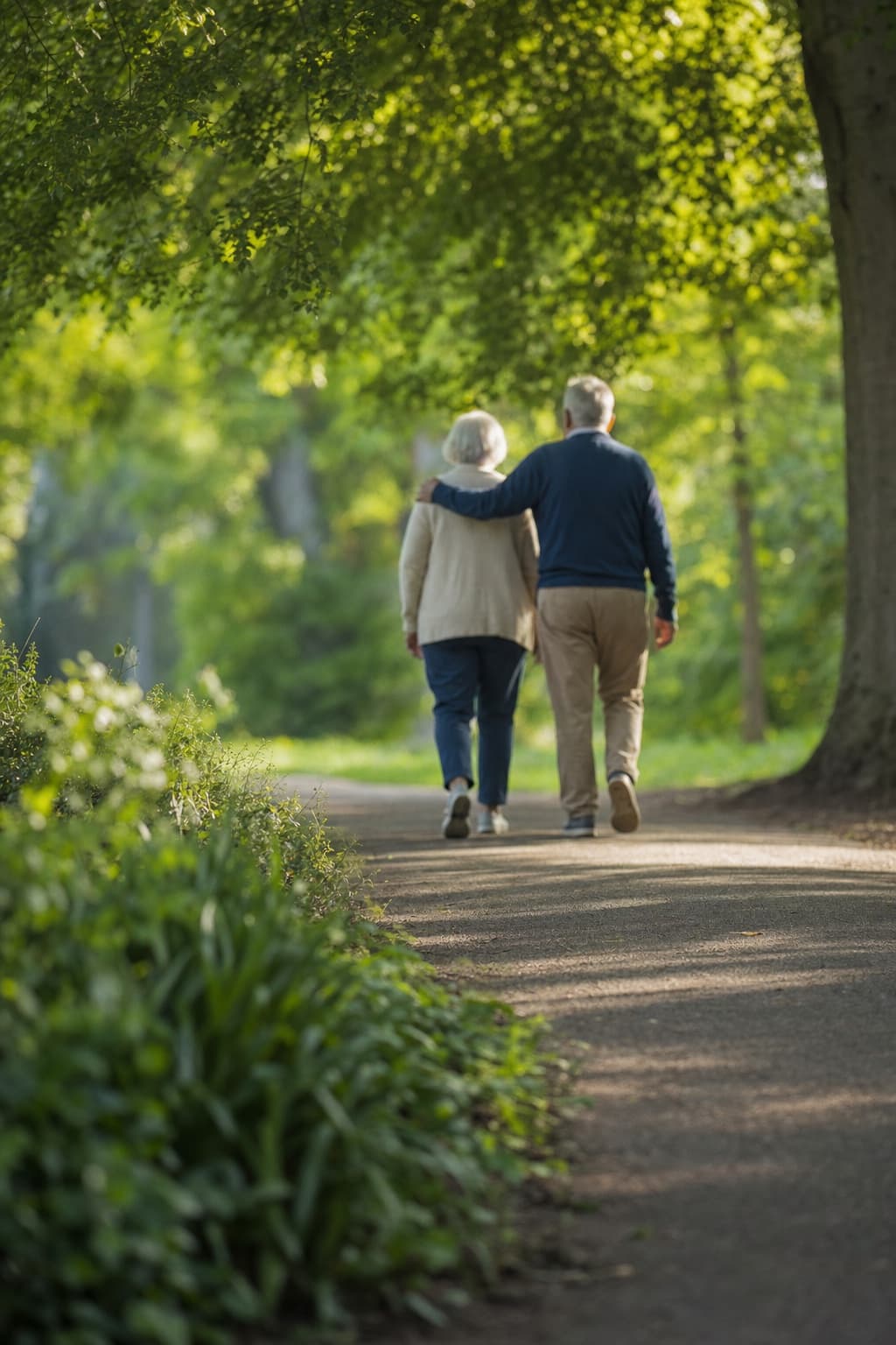 Pareja mayor caminando de espaldas por un sendero arbolado