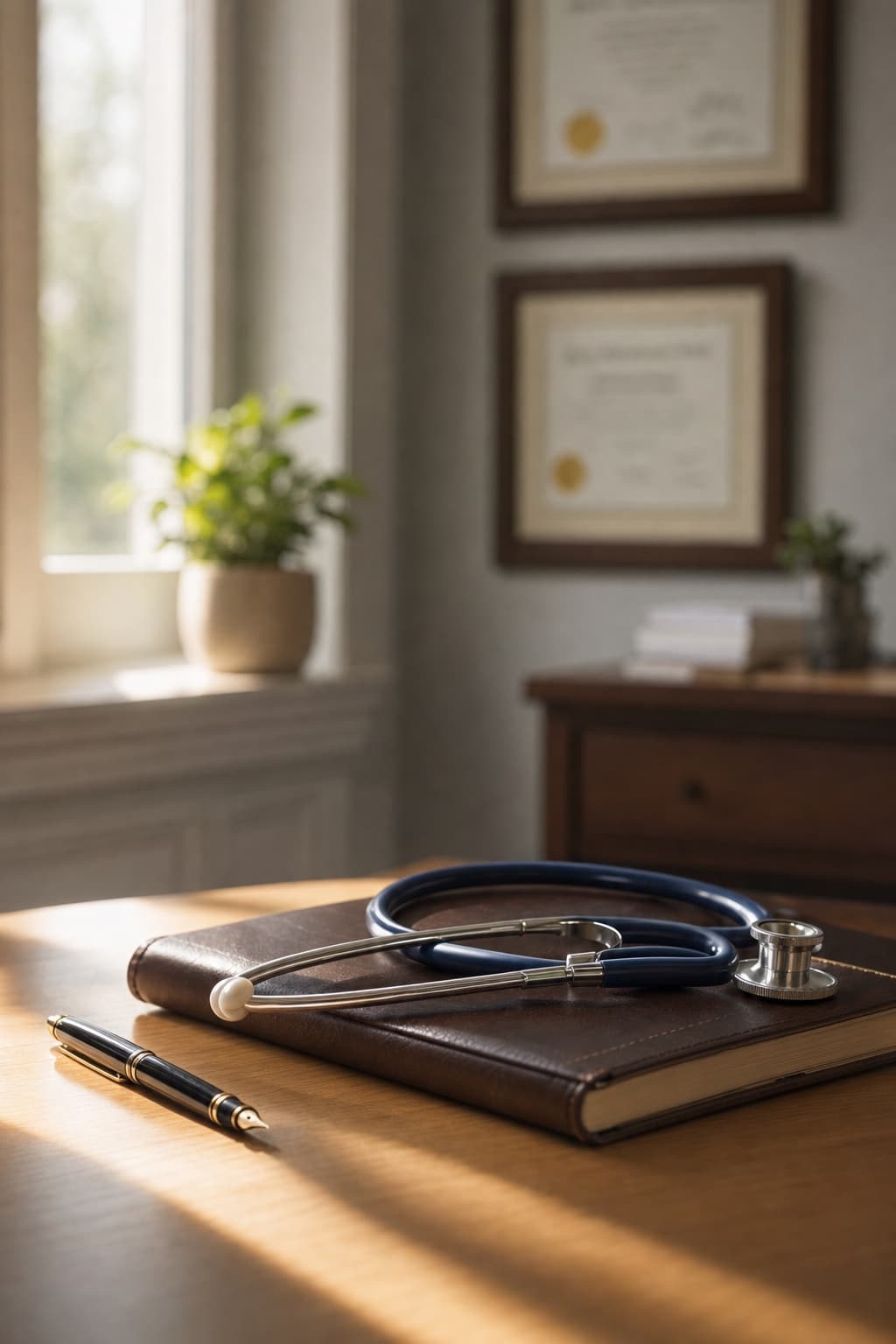 Estetoscopio sobre un cuaderno de piel en el escritorio de un médico