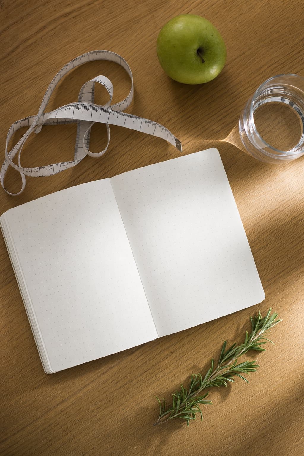 Open blank journal, tape measure, apple, and a glass of water on a wooden table