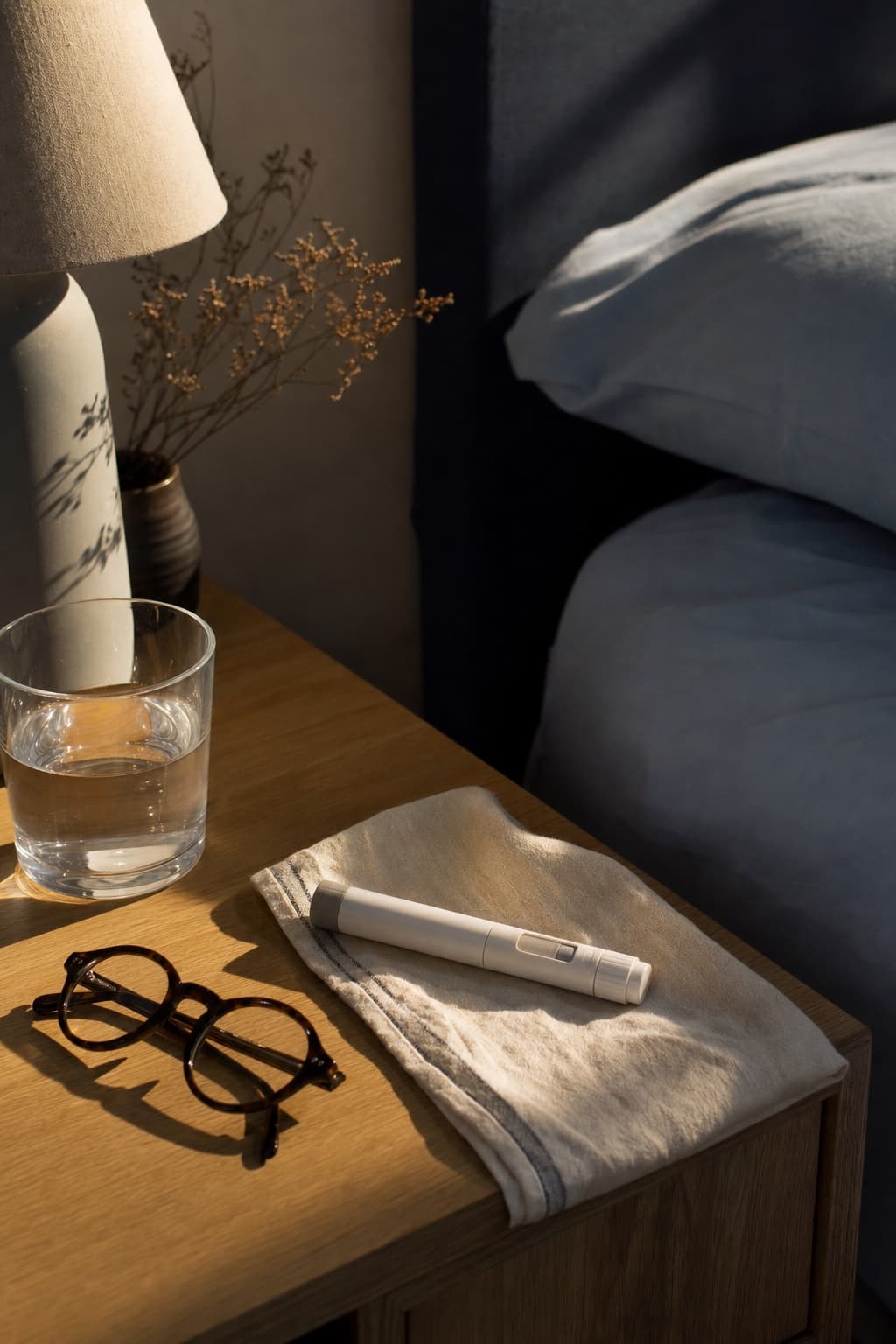 Medication injection pen and reading glasses on a nightstand in evening light