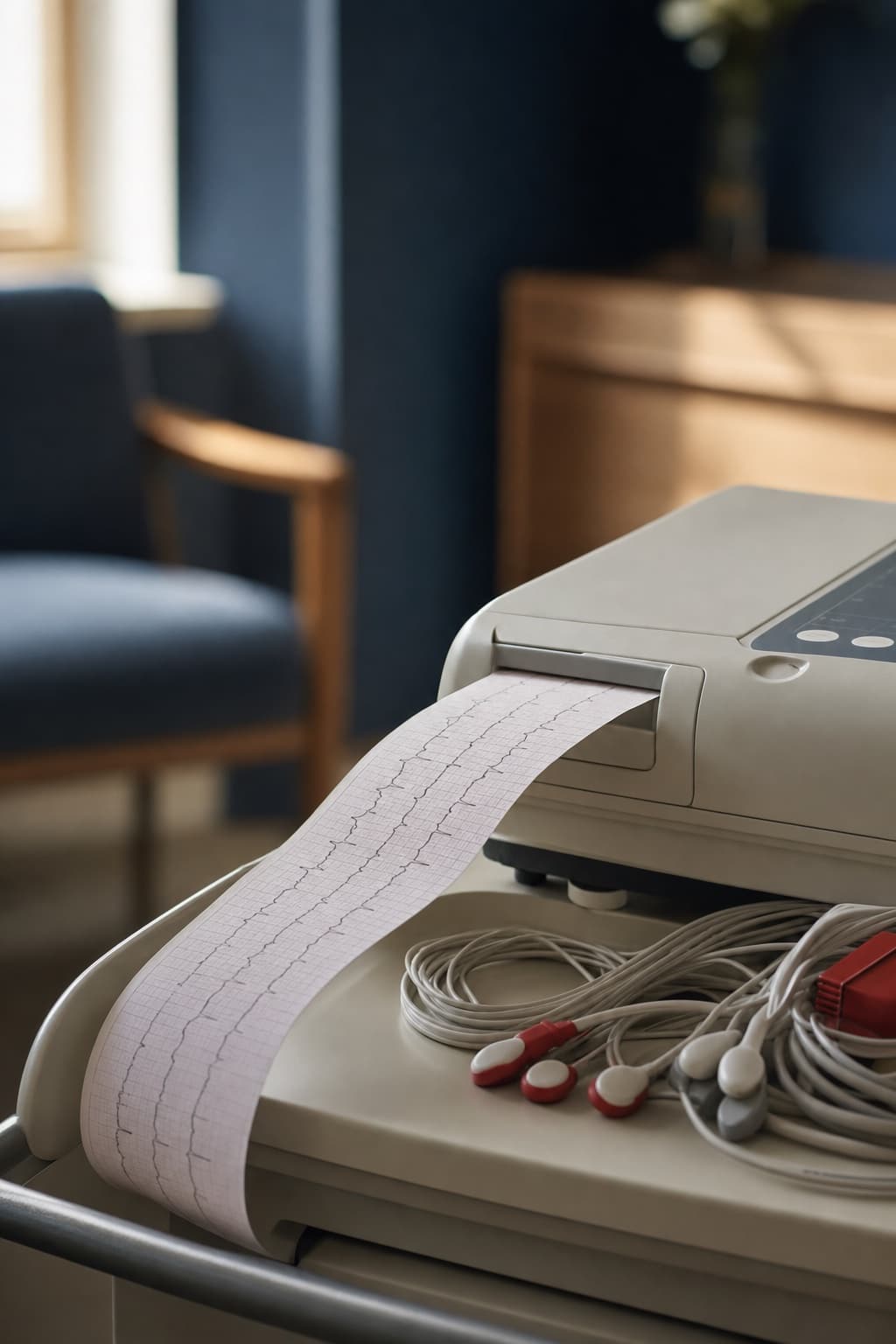 ECG machine printing a heart-rhythm strip, with electrode leads coiled beside it